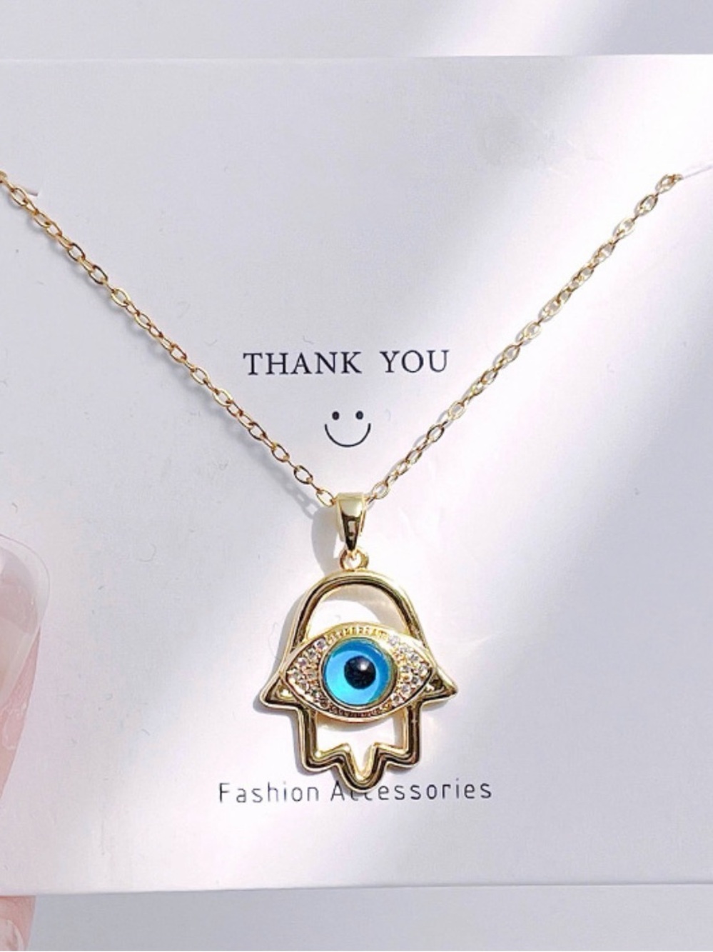 Gold Hamsa Hand Evil Eye Necklace -